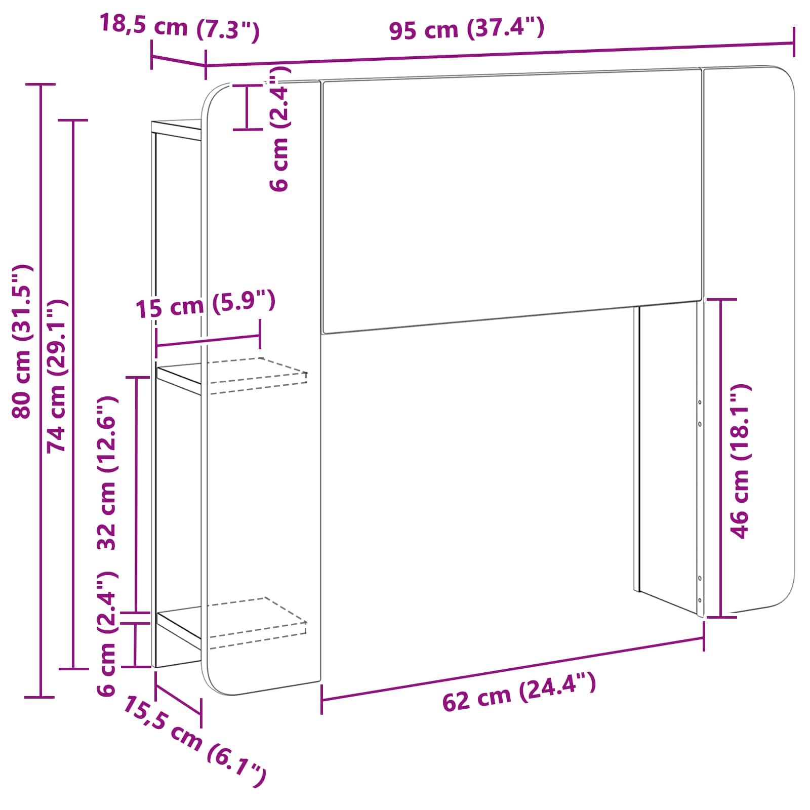 vidaXL Hoofdeinde kas Wit 135 x 18,5 x 80 cm Geconstrueerd hout