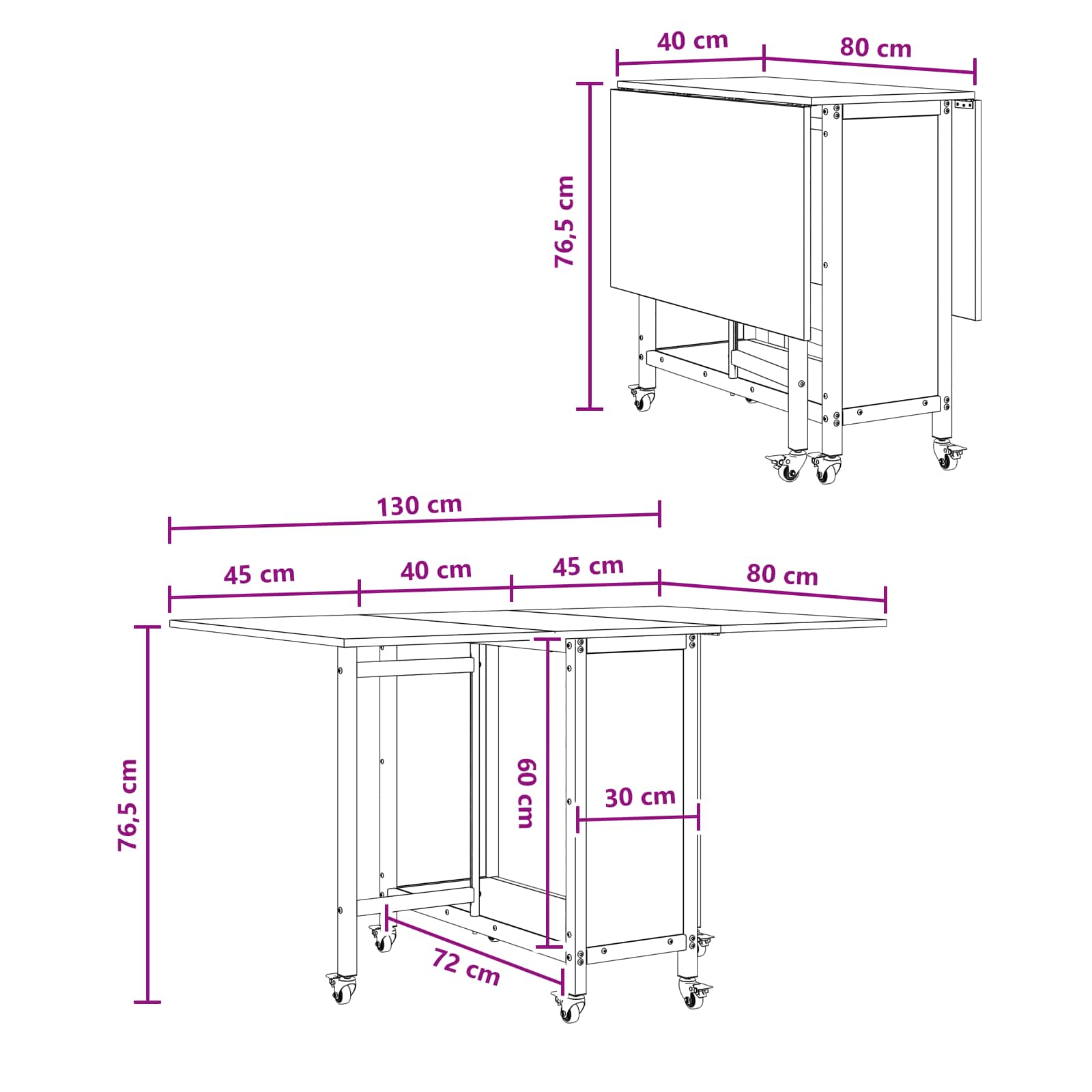 vidaXL Opvouwbare eettafel met wielen 130 x 80 x 76,5 cm Bewerkt hout