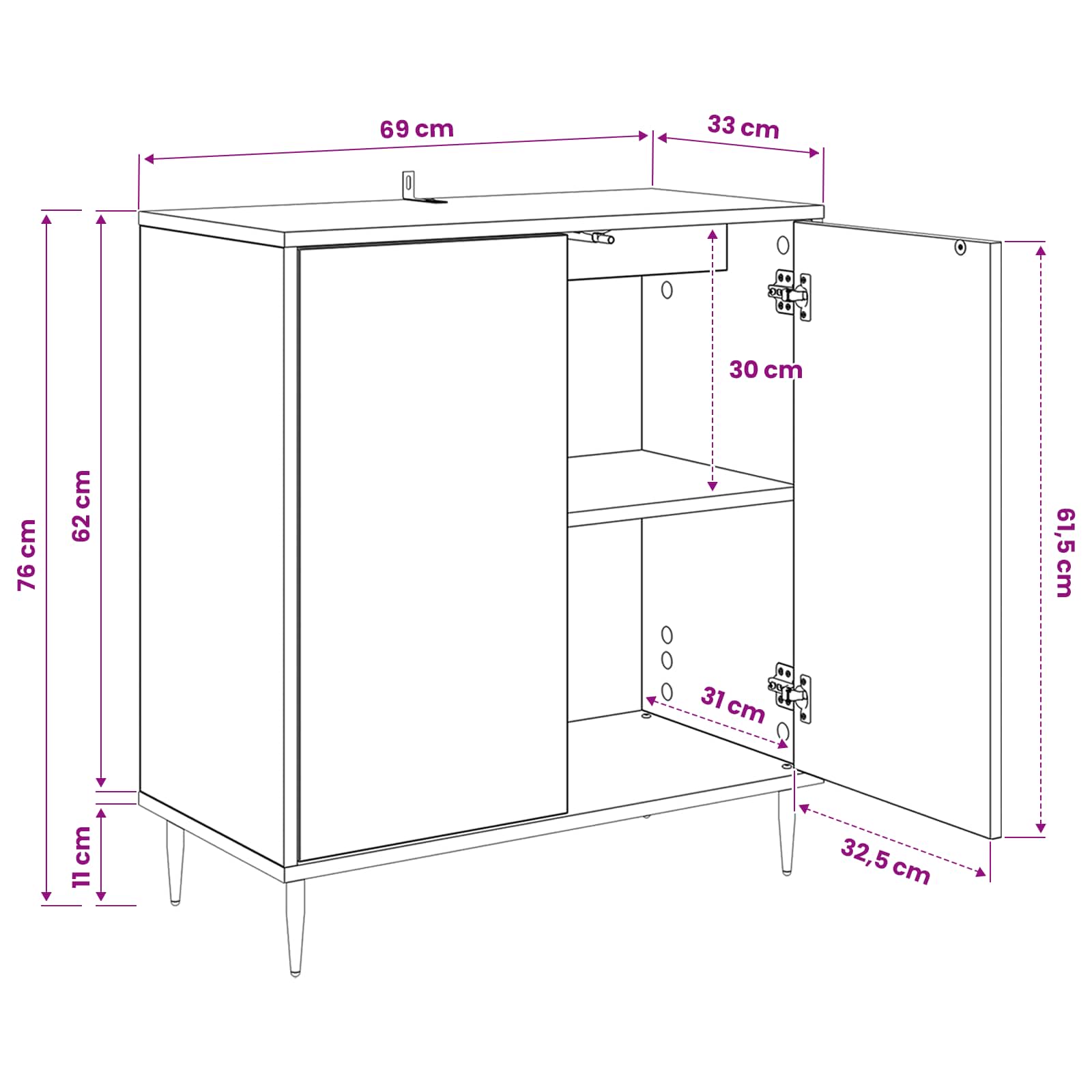 vidaXL Dressoir RHENEN Zwart eiken 69 x 33 x 76 cm Bewerkt hout