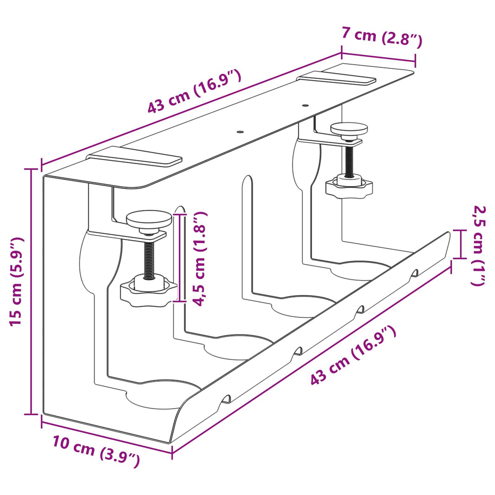 vidaXL Kabelgoot voor onder bureau 2 st Wit 43 x 10 x 15 cm