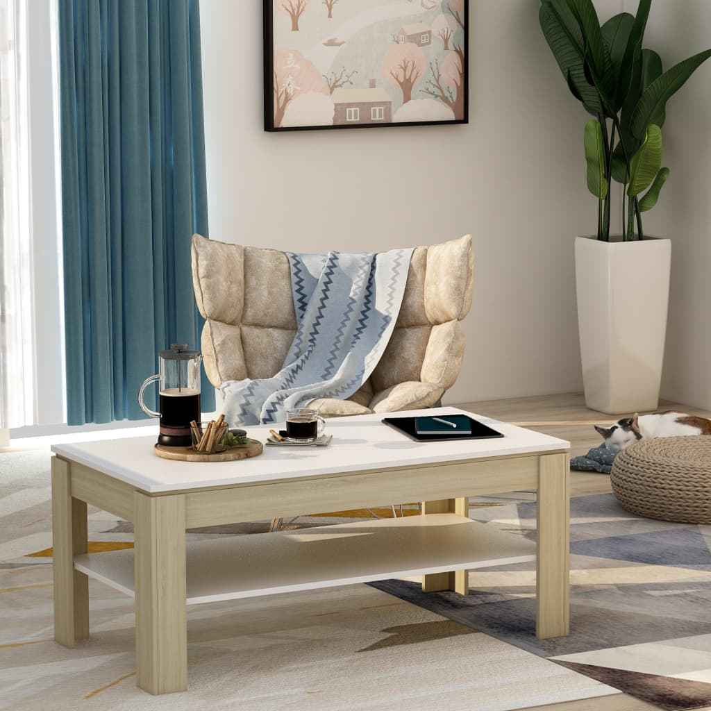 vidaXL Salontafel 110x60x47 cm bewerkt hout wit en sonoma eikenkleurig