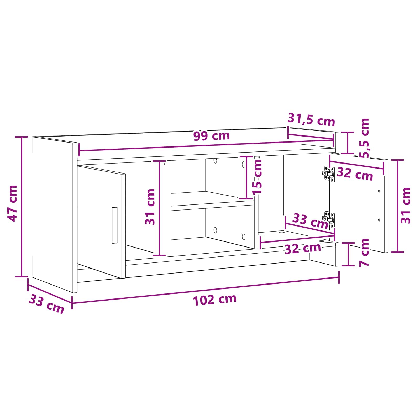 vidaXL TV-kast 102 x 33 x 47 cm Wit Bewerkt hout