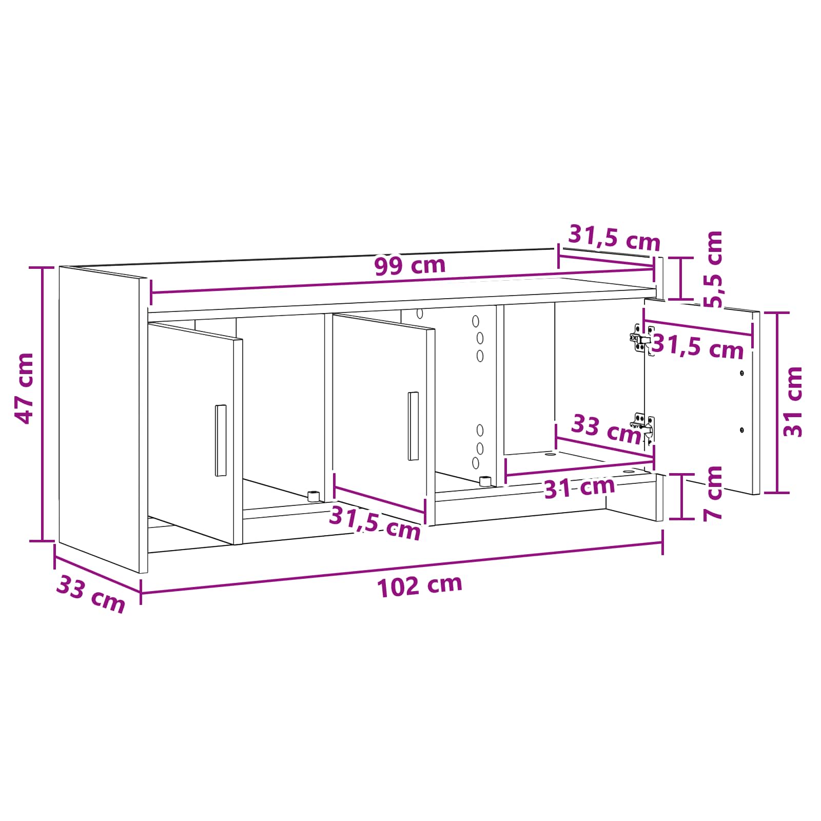 vidaXL TV-kast 102 x 33 x 47 cm Wit Bewerkt hout