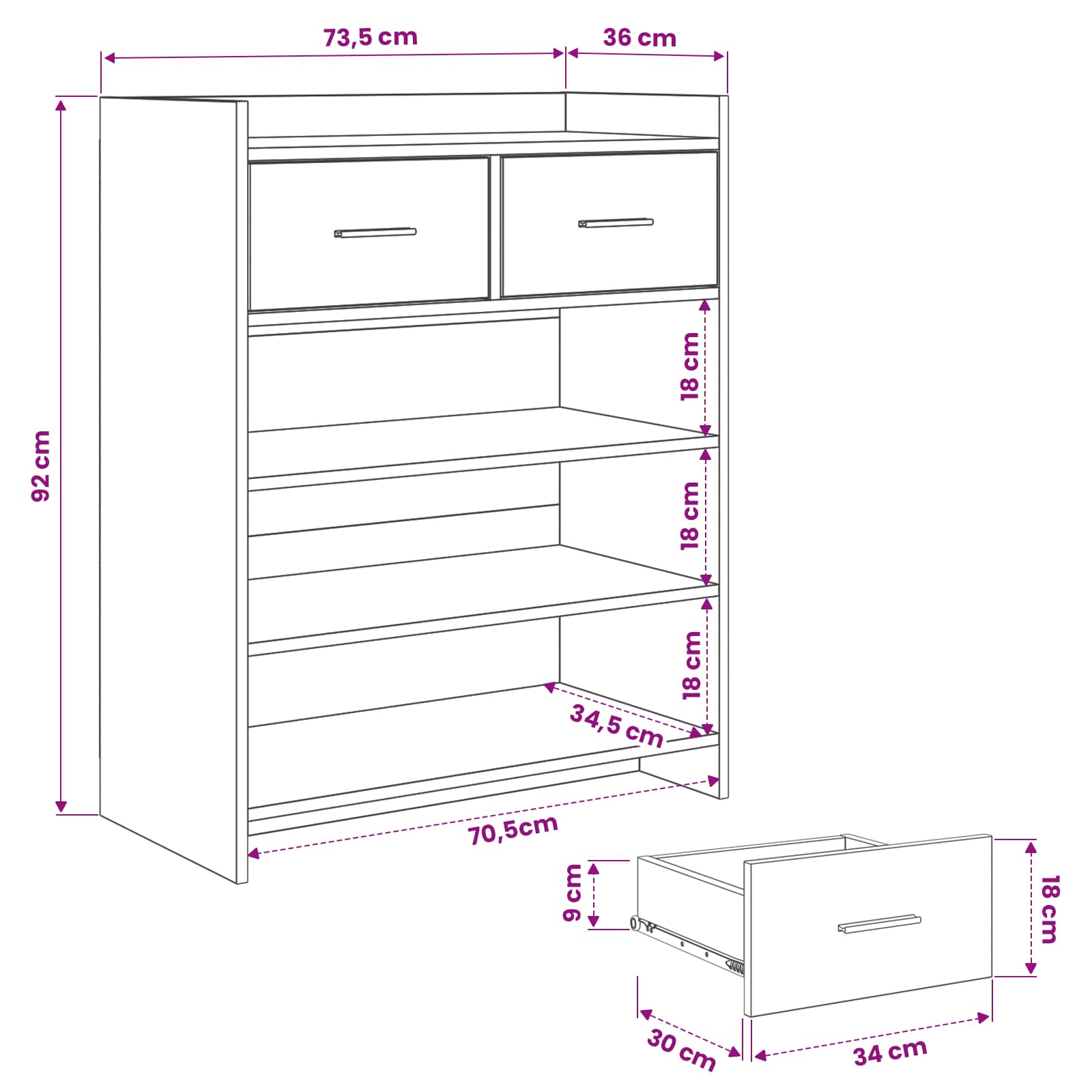 vidaXL Schoenenkast met lade Wit 73,5 x 36 x 92 cm Bewerkt hout