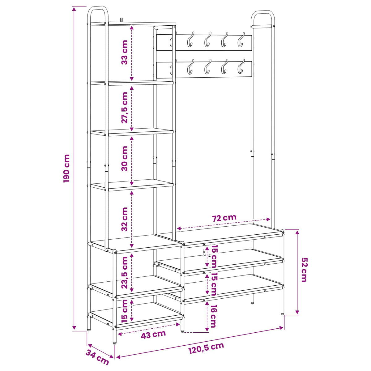 vidaXL Kapstok met schoenenbank Zwart eiken 120,5 x 34 x 190 cm