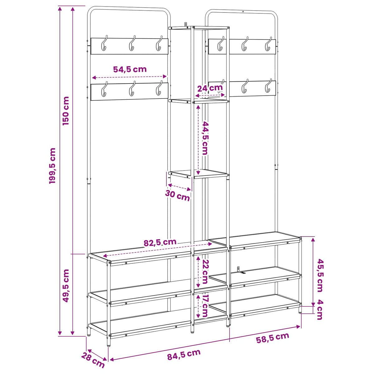 vidaXL Kapstok met schoenenbank Zwart eiken 143 x 30 x 199,5 cm