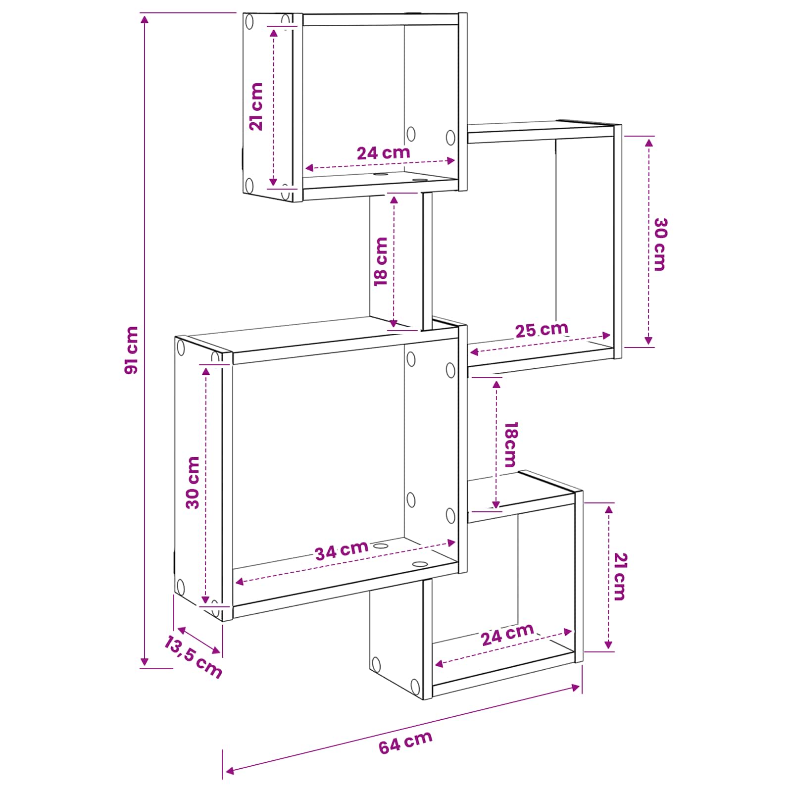 vidaXL Wand Cube Planken Muurmontage Wit 64 x 13,5 x 91,5 cm
