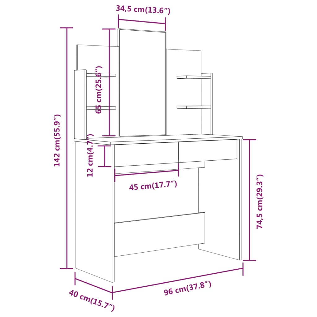 vidaXL Kaptafel met spiegel 96x40x142 cm wit