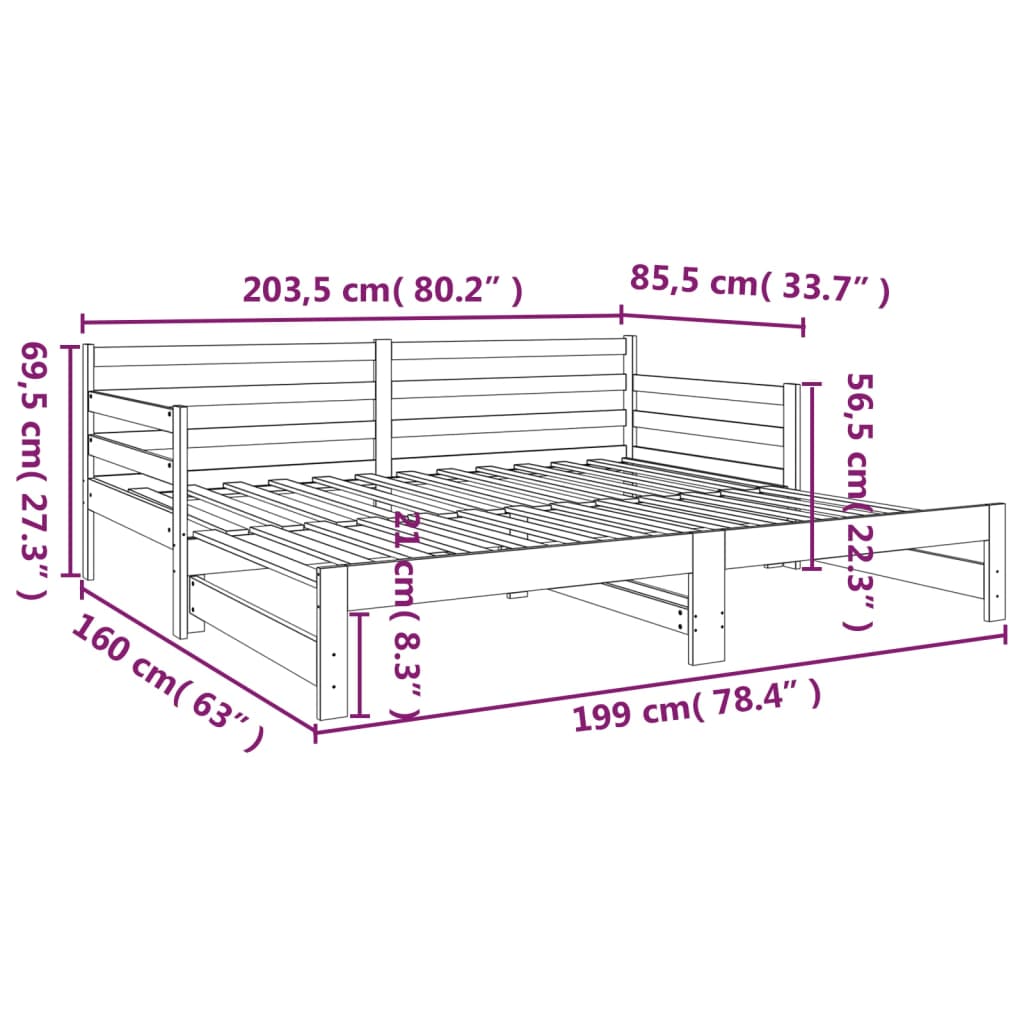 vidaXL Slaapbank uitschuifbaar 2x(80x200) cm massief grenenhout