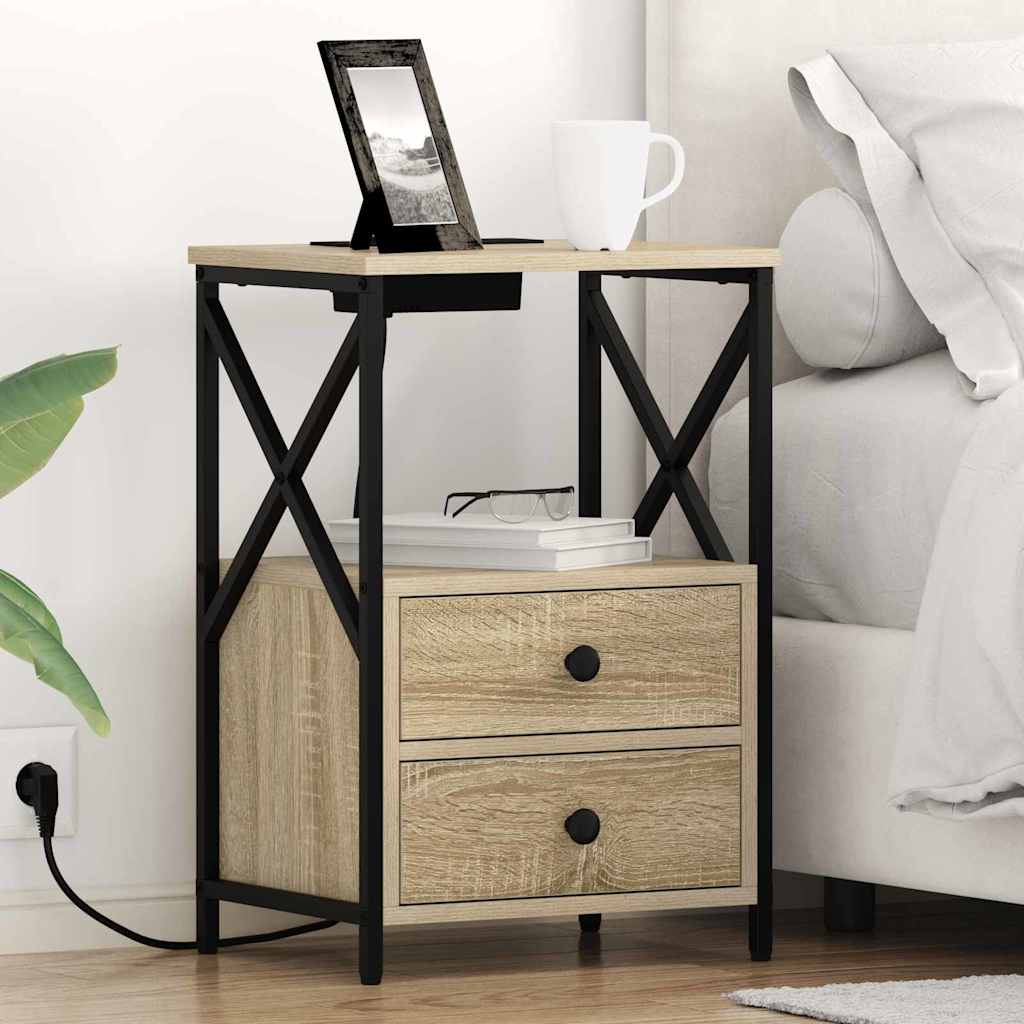 vidaXL Nachtkastje met Oplaadstation 2 pcs Zwart eiken Bewerkt hout