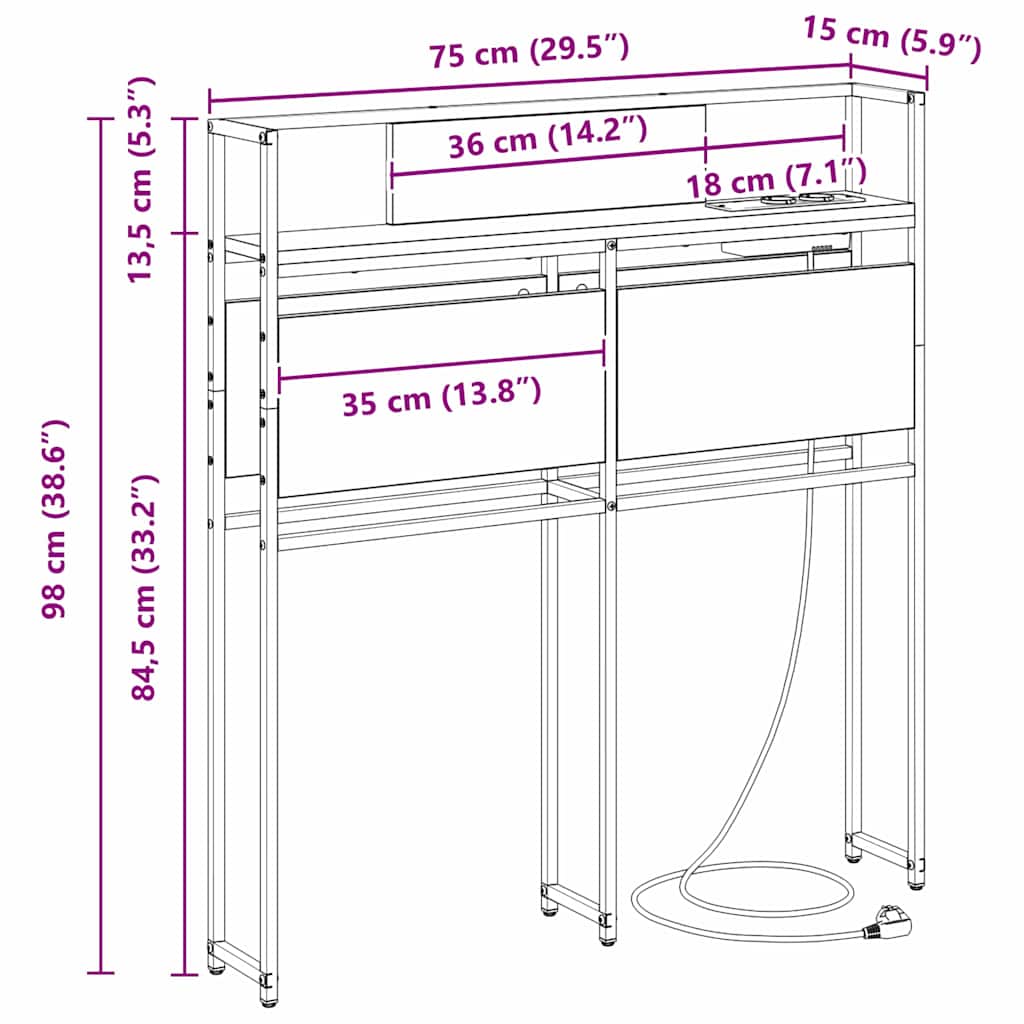 vidaXL Opberghoofdbord met hoofdeinde Zwart eiken 80 cm Bewerkt hout