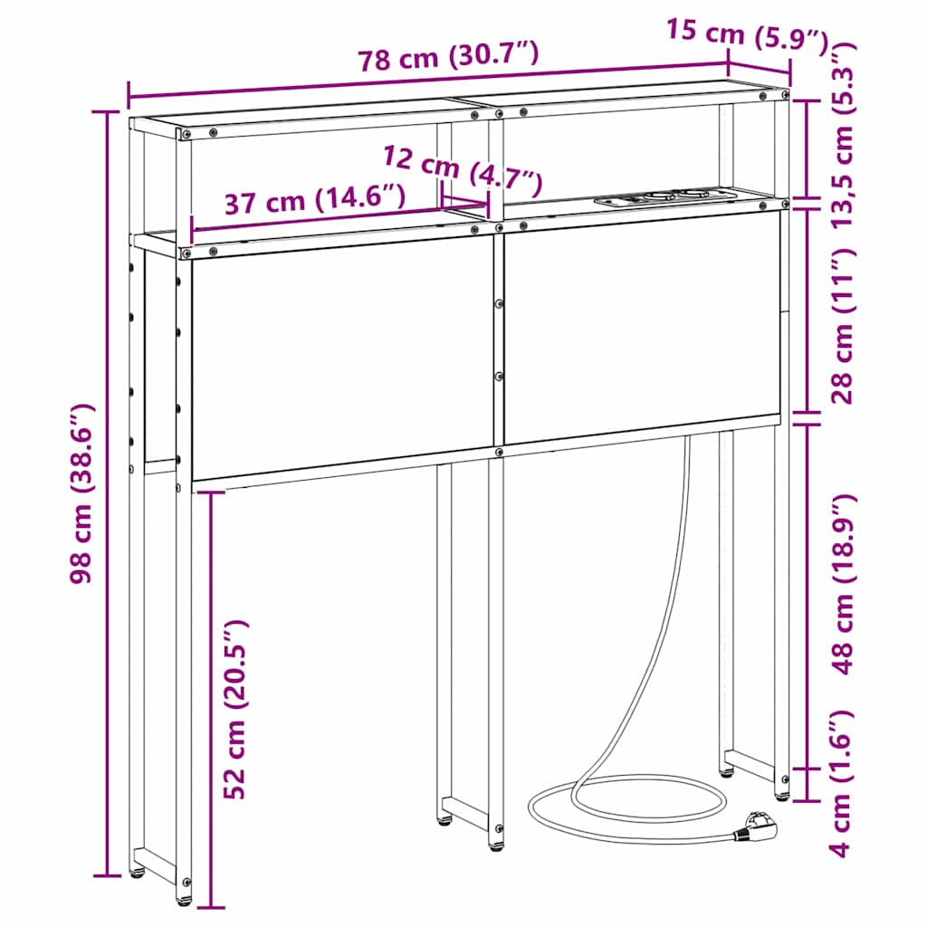 vidaXL Opberghoofdbord met hoofdeinde Zwart eiken 75 cm Bewerkt hout