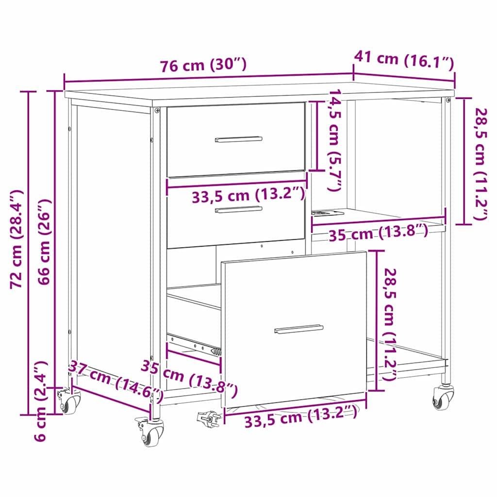 vidaXL Kantoor kast met wiel Zwart eiken 76 x 41 x 72 cm Bewerkt hout