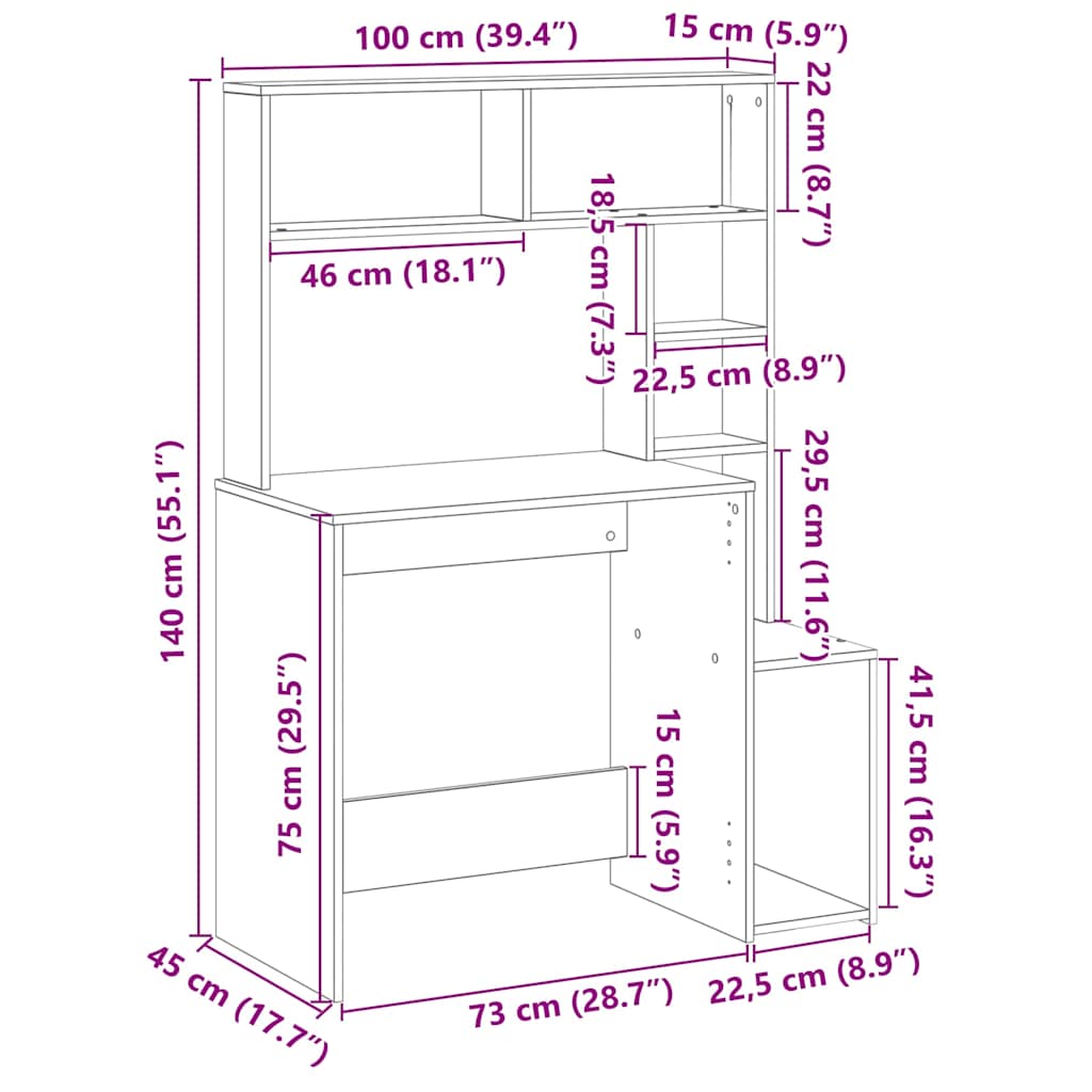 vidaXL Bureau met schappen 100x45x140 cm bewerkt hout gerookt eiken