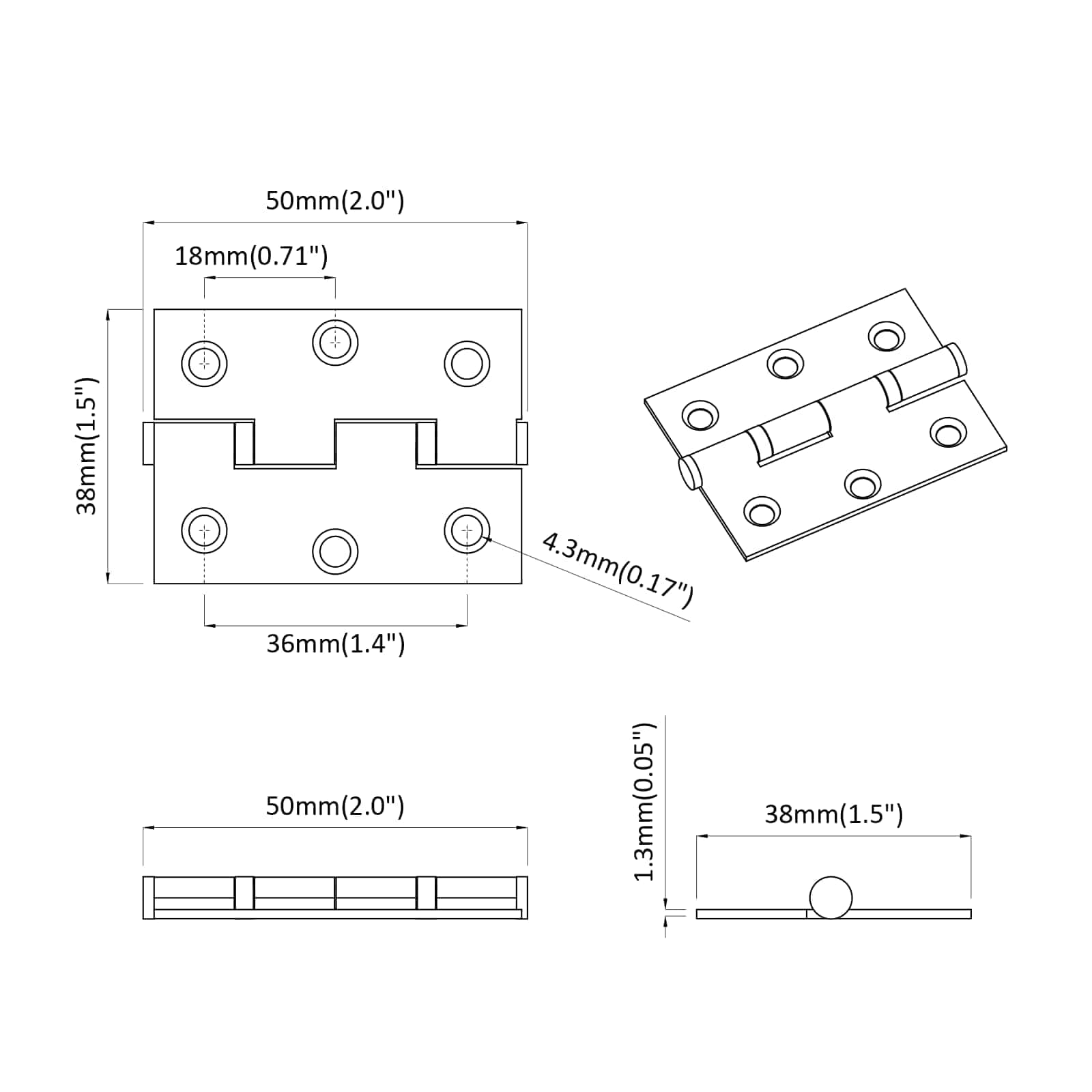 vidaXL Scharnier 2 pcs Zilver 50 x 38 x 1,3 mm Staal