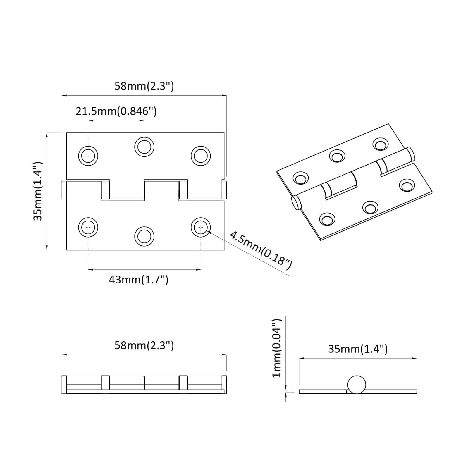vidaXL Scharnier Effen 2 pcs Zilver 58 x 35 x 1 mm Staal