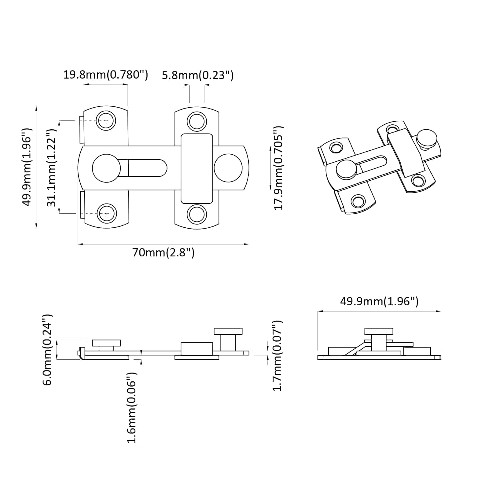 vidaXL Deurslot 2 pcs Zilver 70 x 8 mm Staal