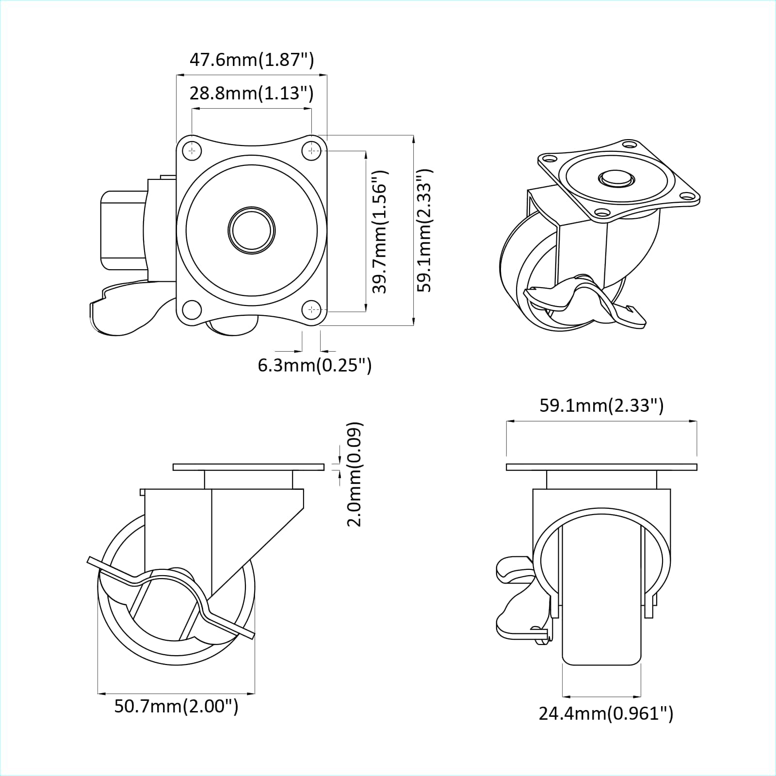 vidaXL Caster 2 pcs Zwart en zilver 63 x 48 x 46 mm IJs en nylon