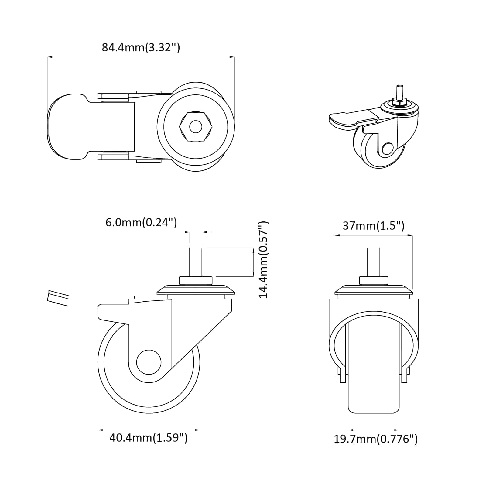 vidaXL Wielen 2 pcs Zwart M6 x 1.5 mm IJs en nylon