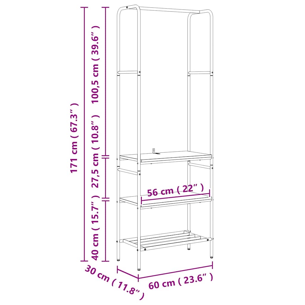 vidaXL Kledingrek met planken met plank Zwart eiken 60 x 30 x 171 cm