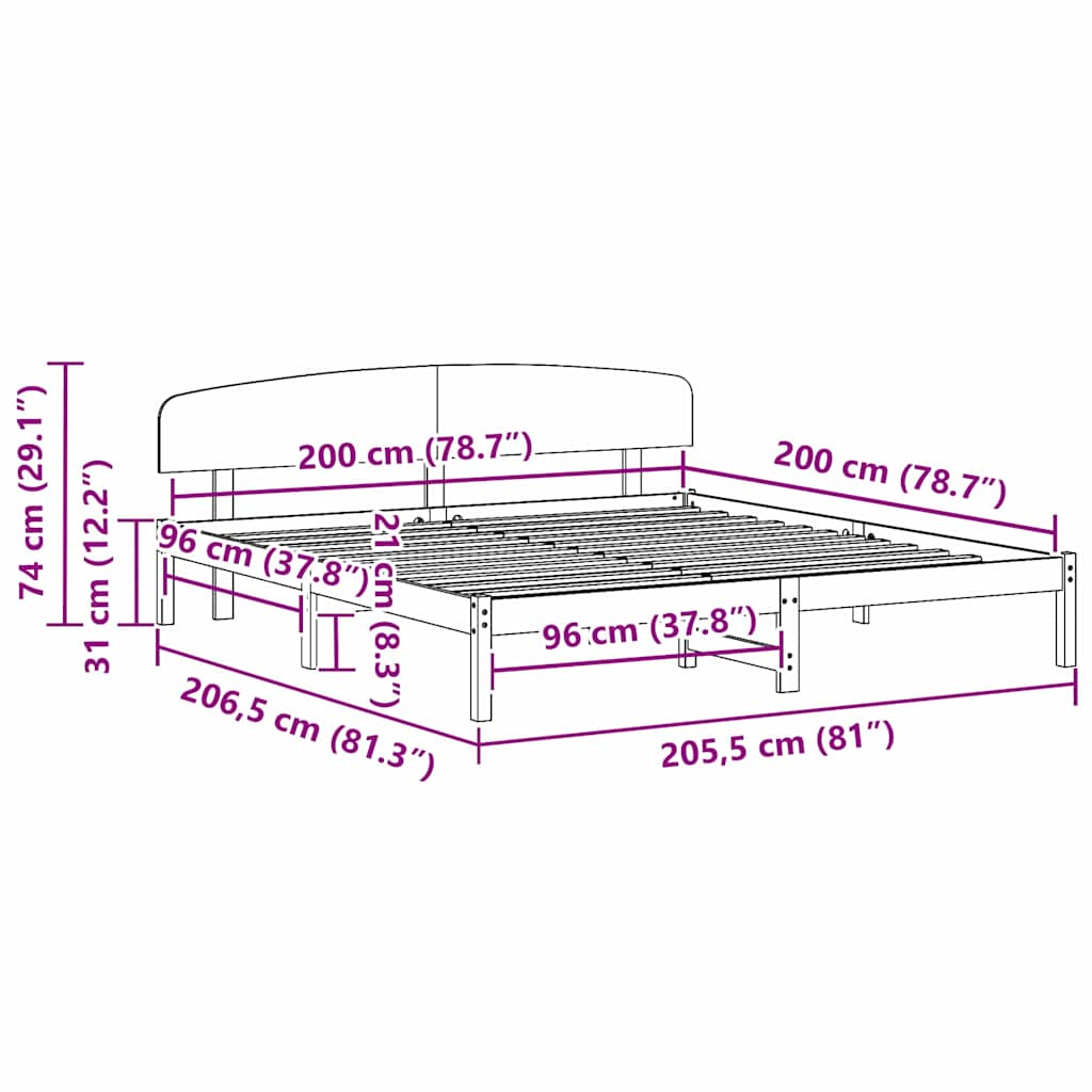 vidaXL Bed Frame met Hoofdbord 200x200 cm Massief Hout Grenen