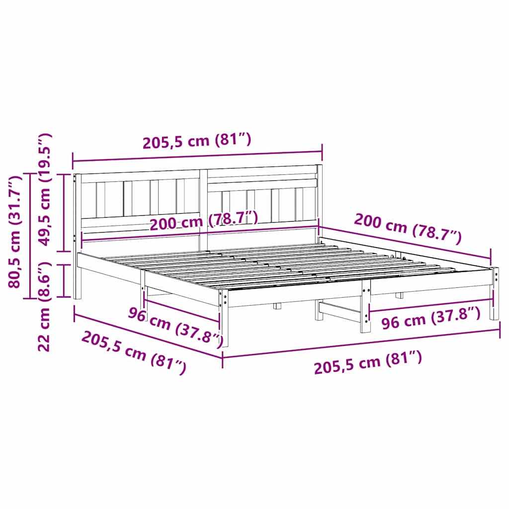 vidaXL Bedframe met hoofdeinde Bruin 200 x 200 cm Massief grenenhout