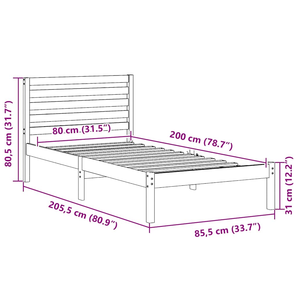 vidaXL Bedframe met hoofdeinde Bruin 80 x 200 cm Massief grenenhout