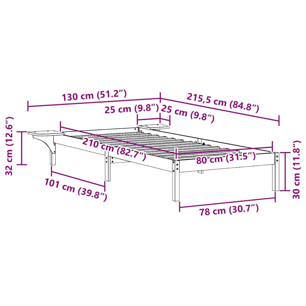 vidaXL Bedframe met Zijtafels Wit 80 x 210 cm Massief grenenhout
