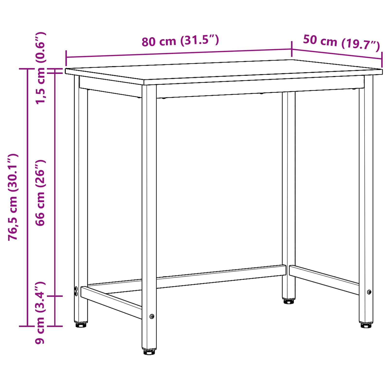vidaXL Tafel Zwart Eiken 80 x 50 x 76,5 cm Engineered hout en staal