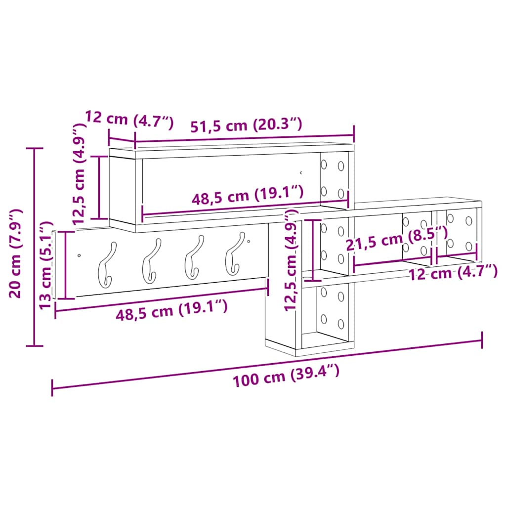 vidaXL Wandgemonteerde kapstok Wit 100 x 12 x 43.5 cm Bewerkt hout