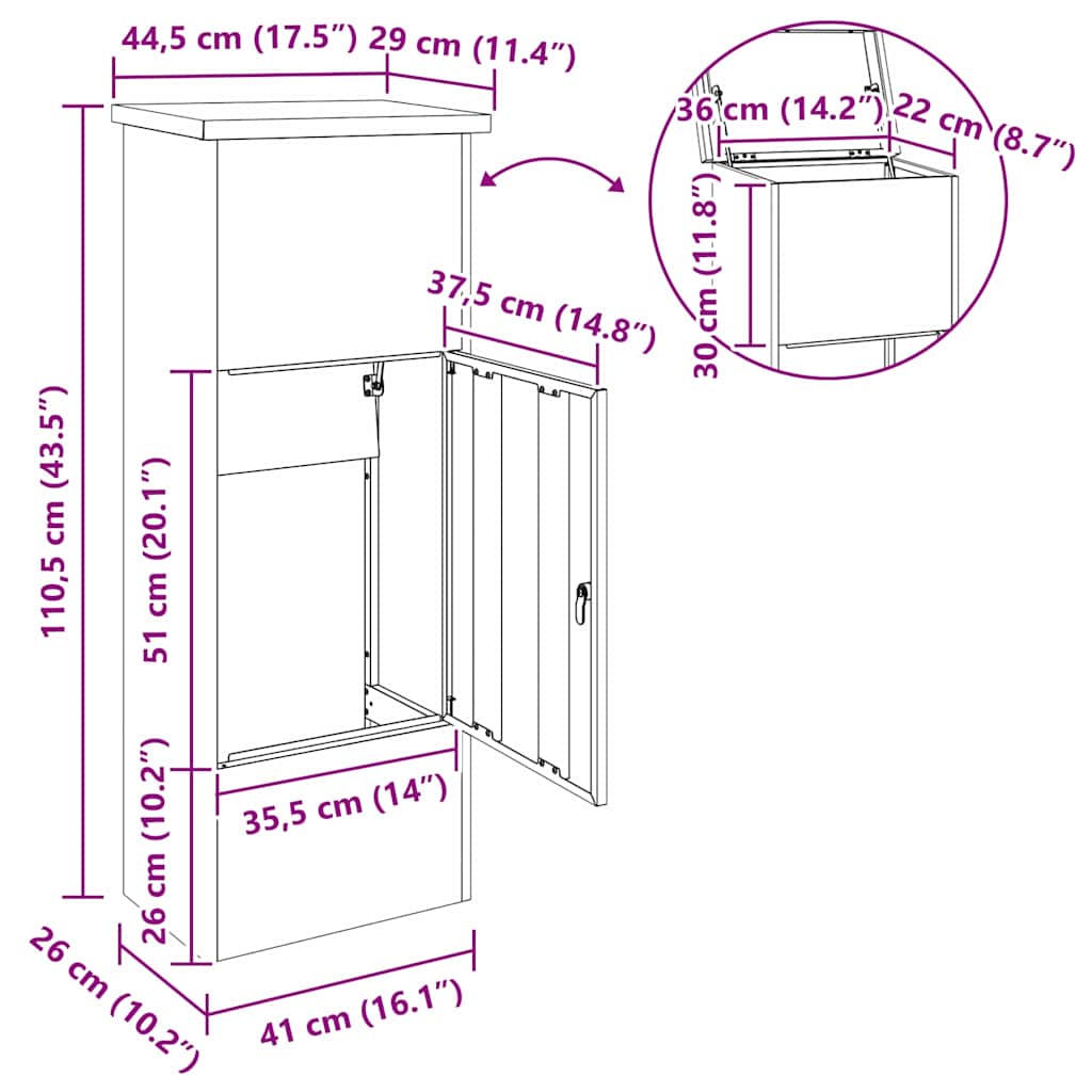 vidaXL Pakket inwerp box Zwart 44.5 x 29 x 110.5 cm Staal