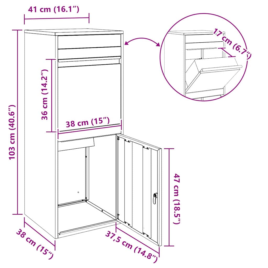 vidaXL Pakket inwerp box Zwart 41 x 38 x 103 cm Staal