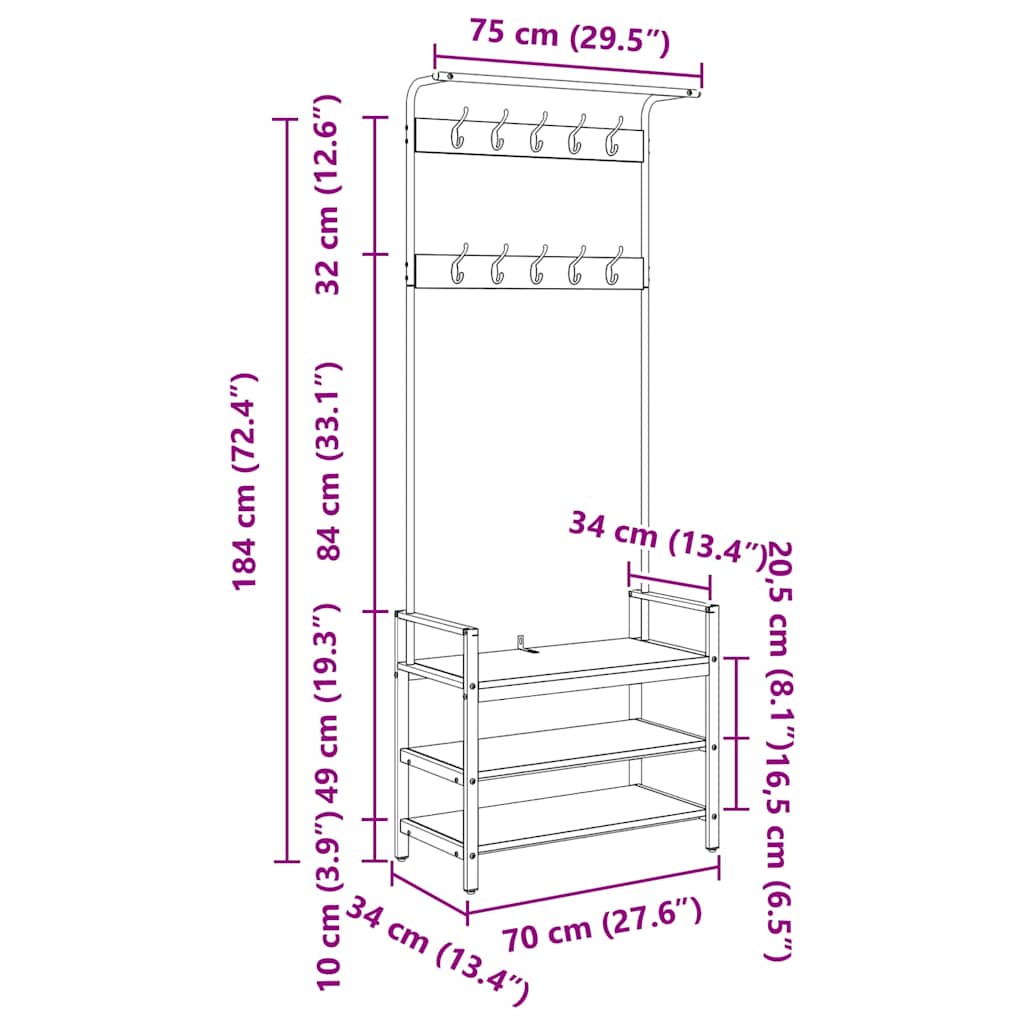 vidaXL Kapstok met plank Zwart eiken 75 x 34 x 184 cm Bewerkt hout