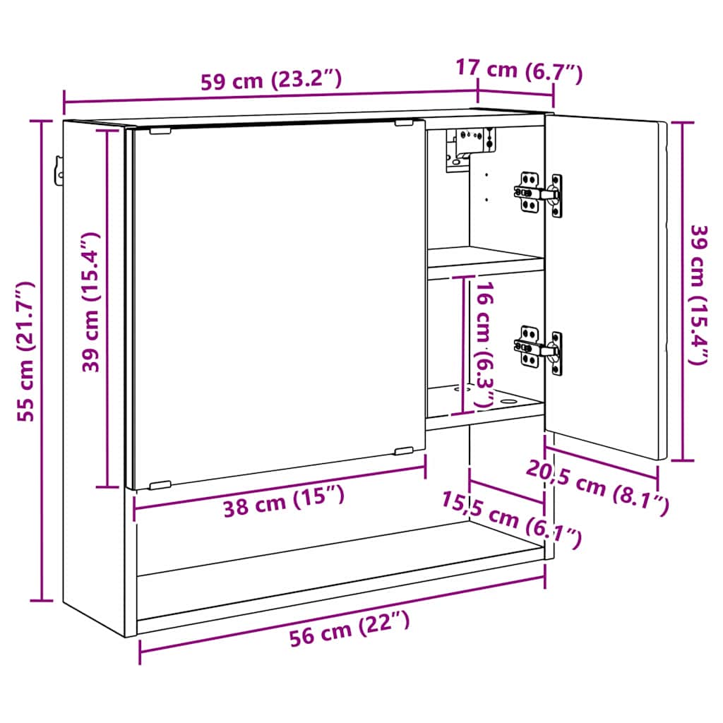 vidaXL Spiegelkast met plank Wit 59 x 17 x 55 cm Bewerkt hout