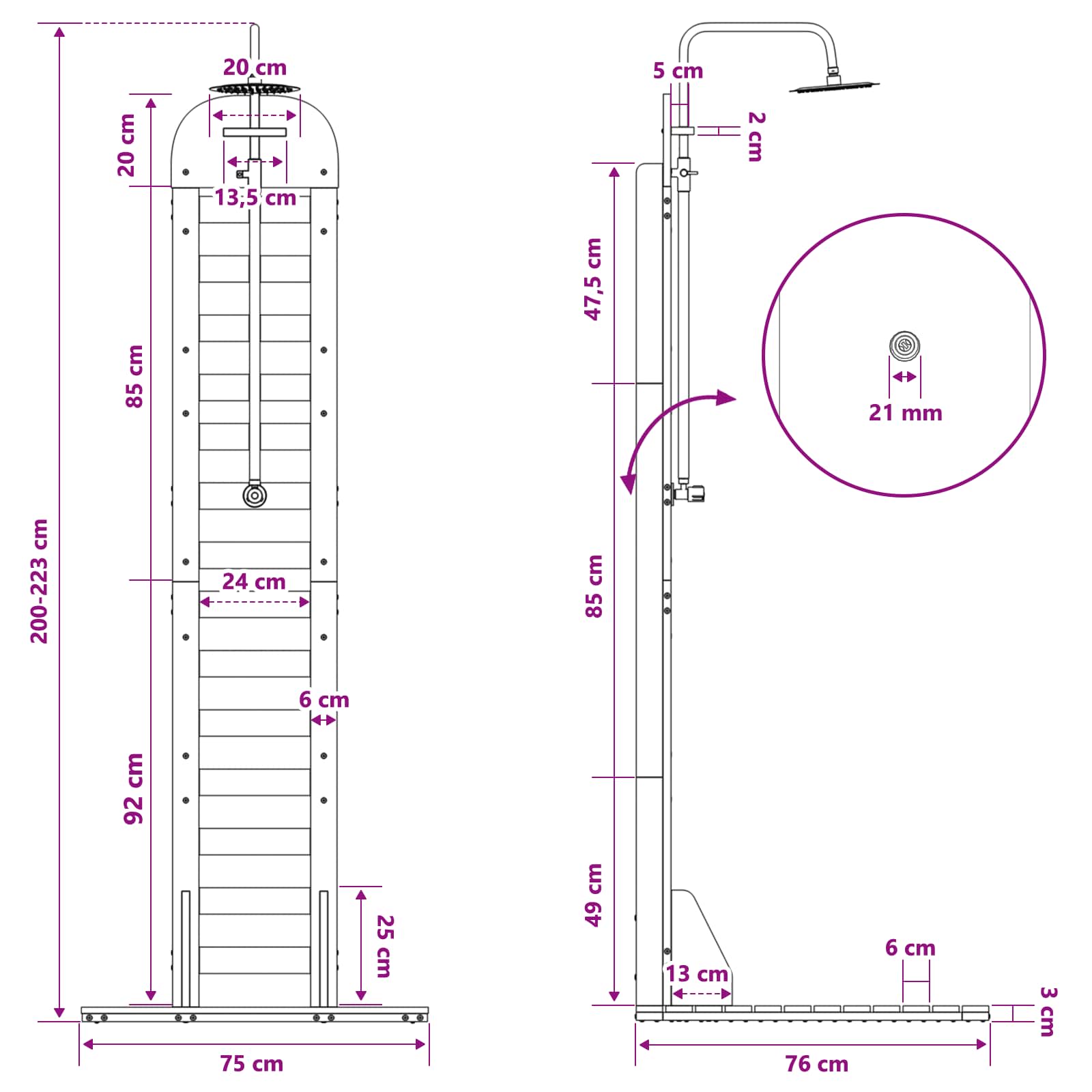 vidaXL Buitendouche 223 cm Massief grenenhout en roestvrij staal