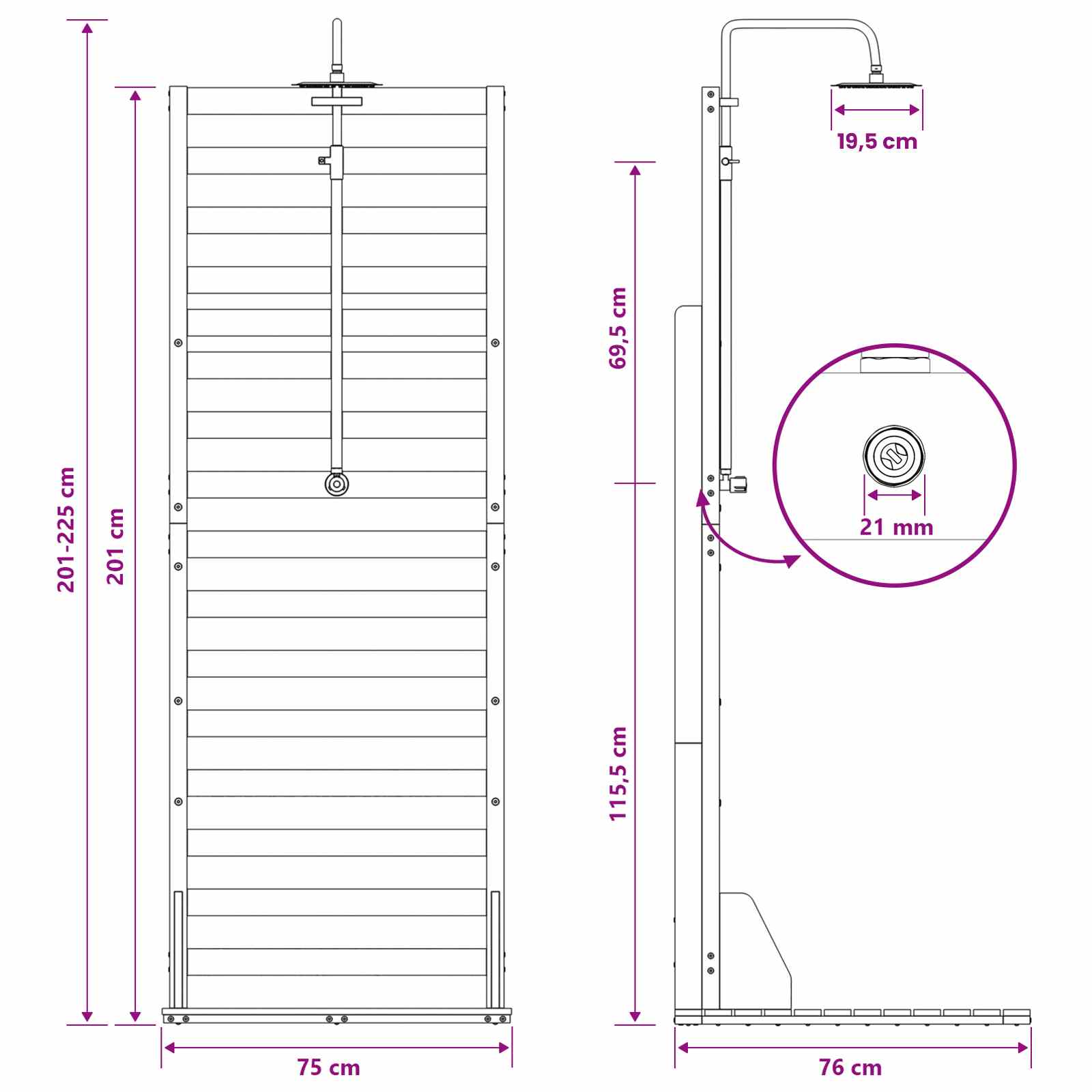 vidaXL Buitendouche 225 cm Massief grenenhout en roestvrij staal