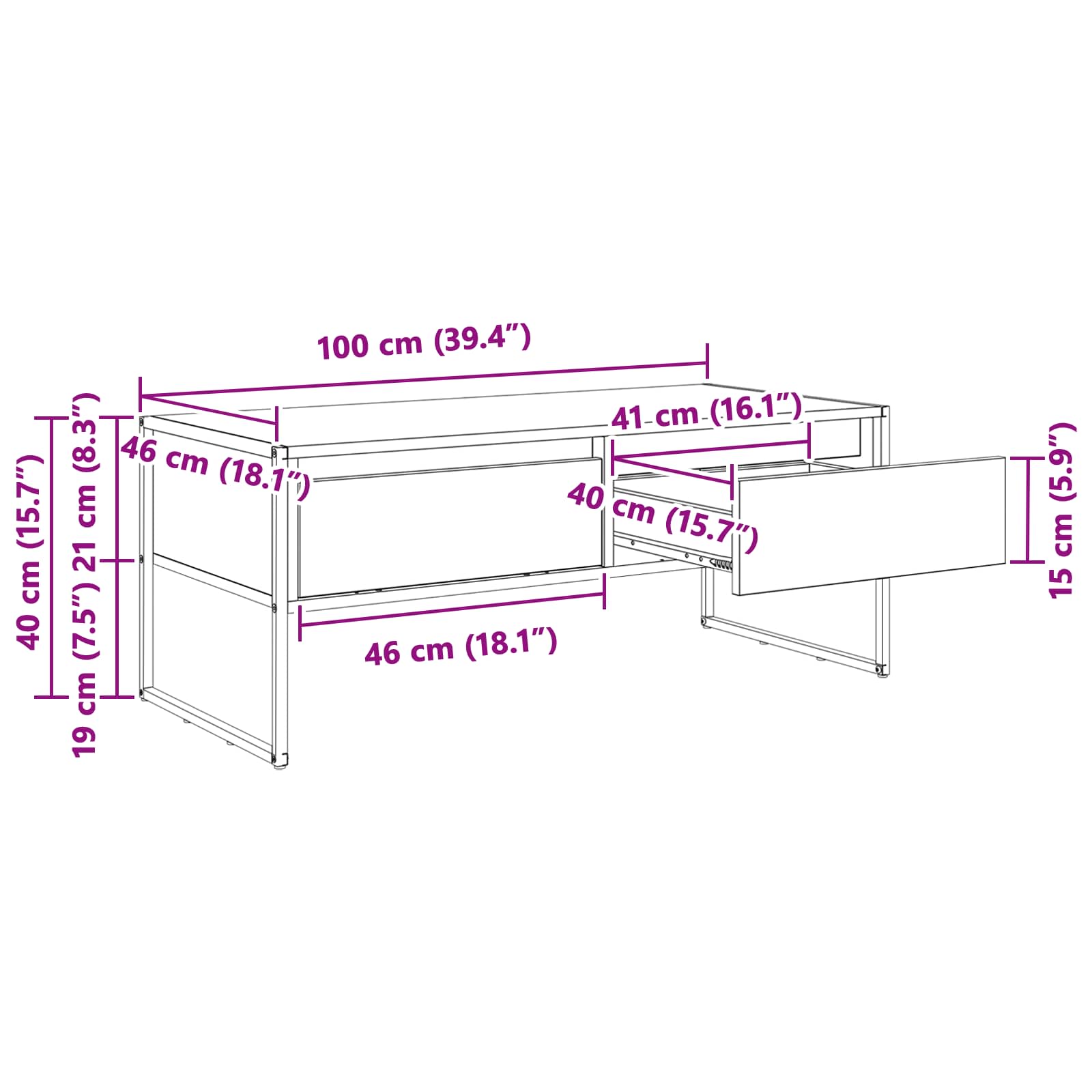 vidaXL Salontafel met lade Zwart Eiken 100 x 46 x 40 cm Bewerkt hout