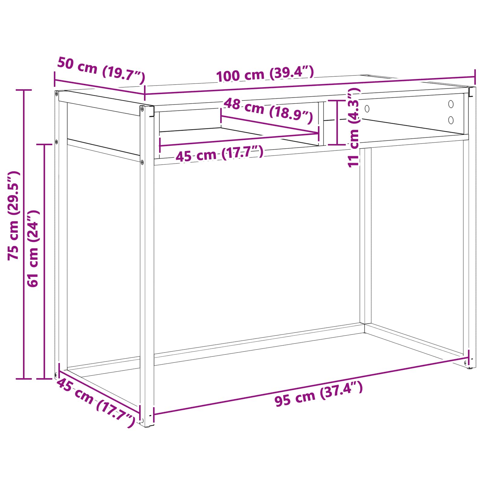 vidaXL Bureau met opslag Zwart Eiken 100 x 50 x 75 cm Bewerkt hout