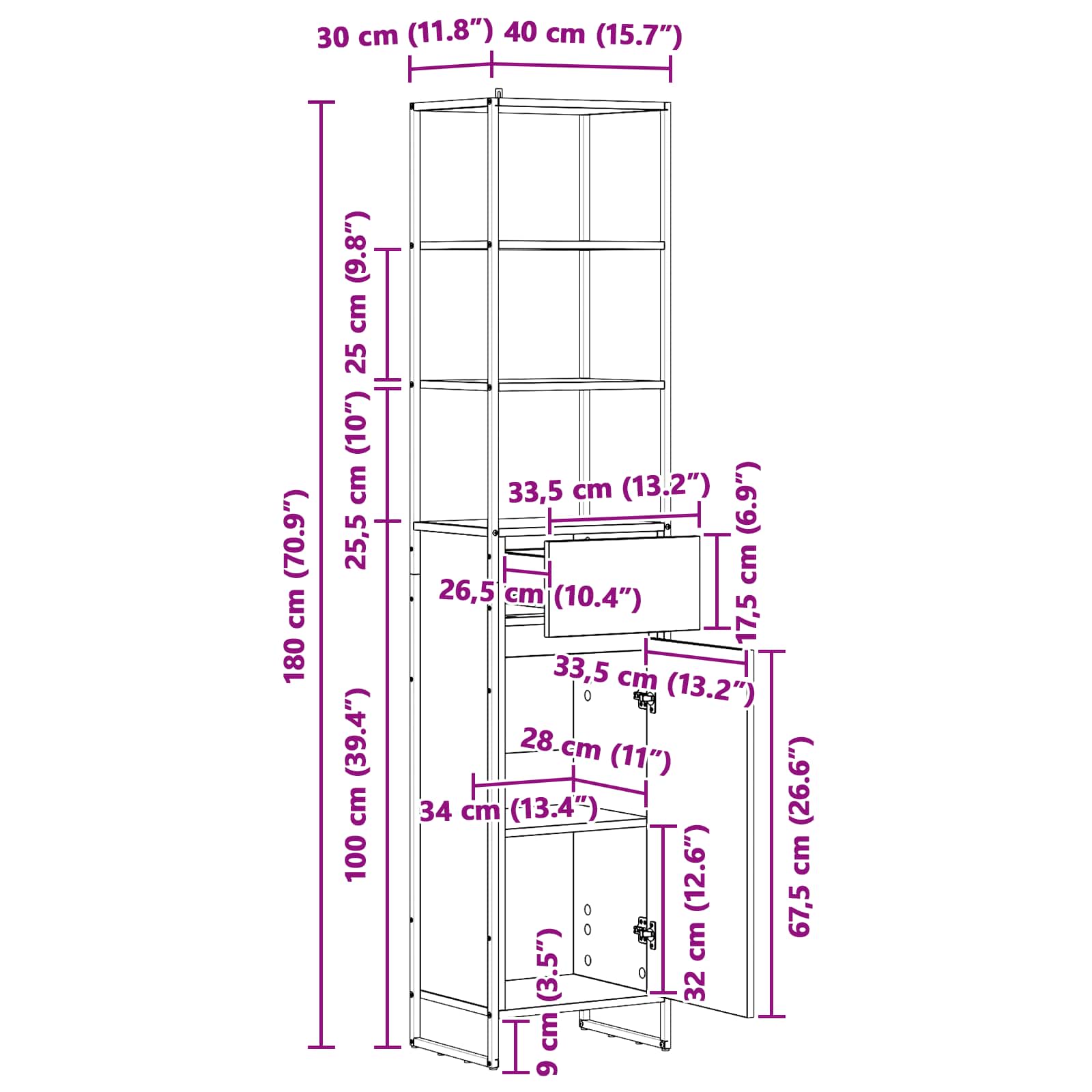 vidaXL Badkamer Kast Zwart Eiken 40 x 30 x 180 cm Bewerkt hout