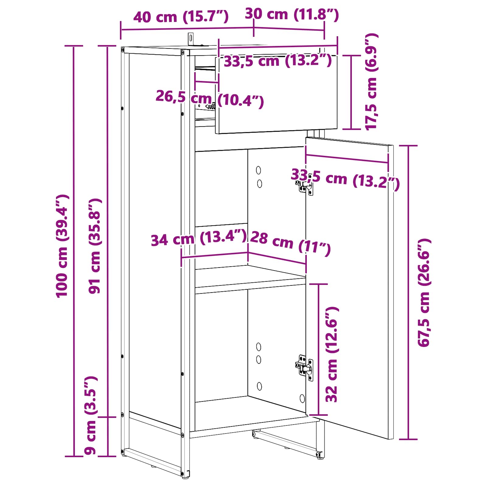 vidaXL Badkamer Kast Zwart Eiken 40 x 30 x 100 cm Bewerkt hout