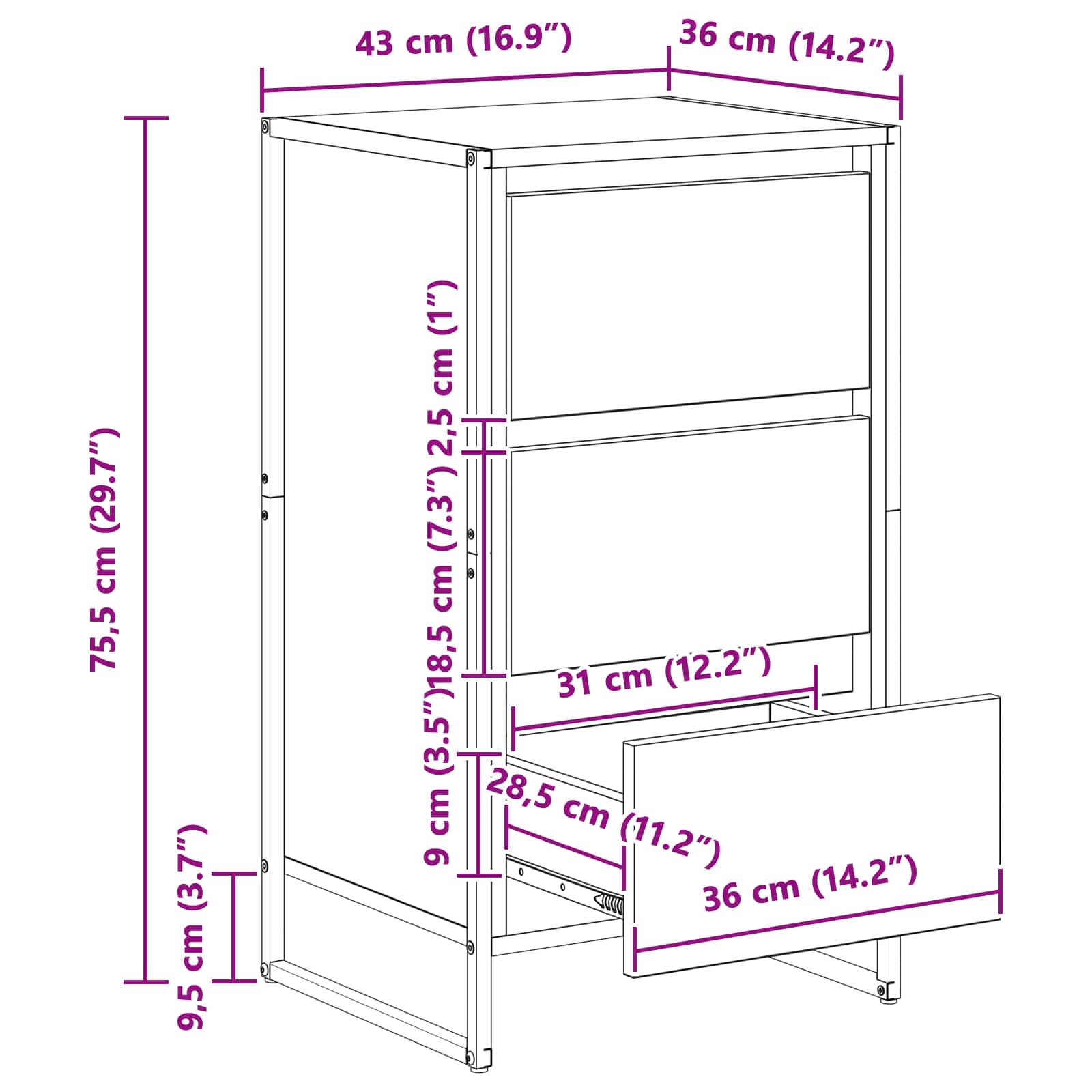 vidaXL Dressoir met lade Zwart Eiken 42 x 36 x 75.5 cm Bewerkt hout