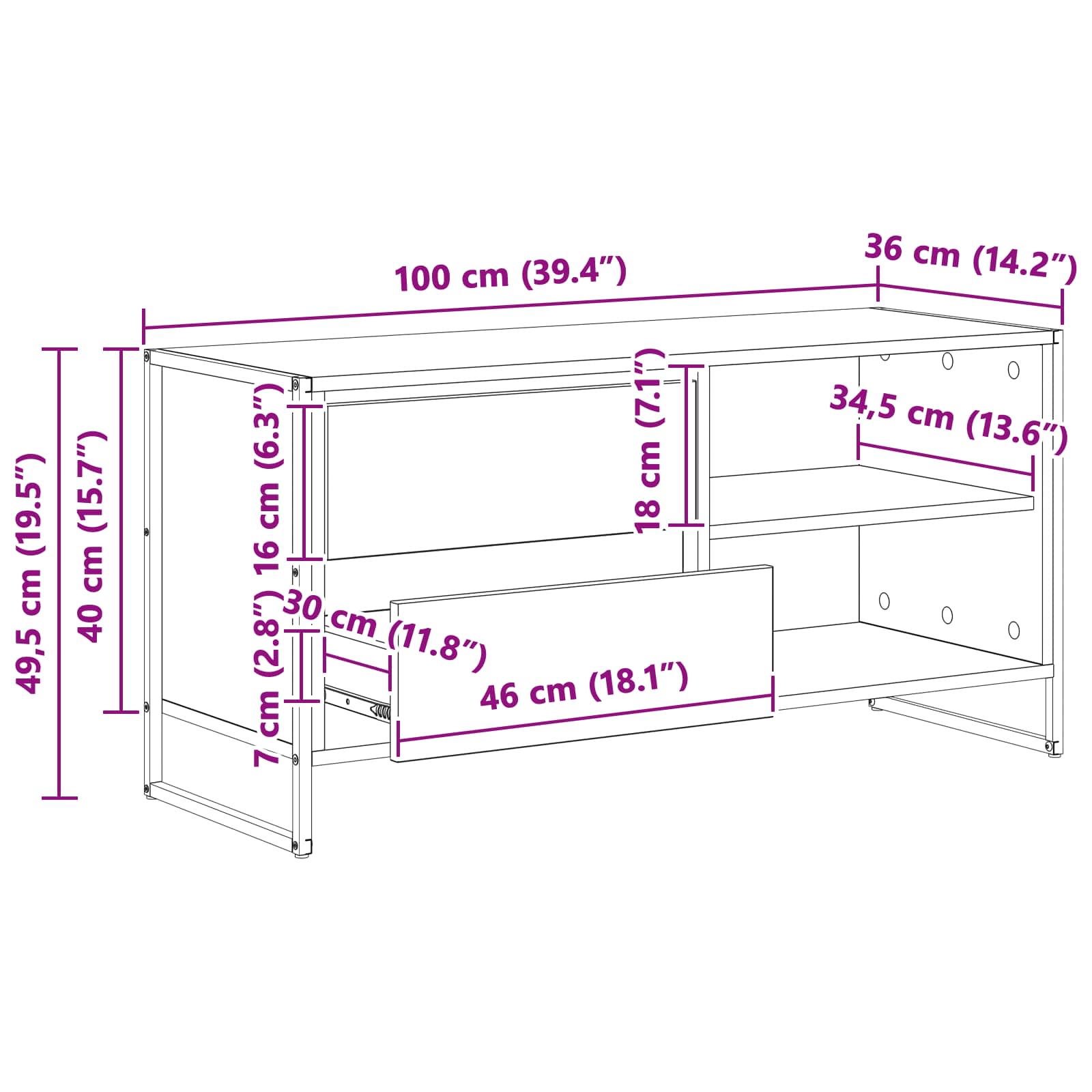 vidaXL TV-kast met lade Zwart Eiken 100 x 36 x 49,5 cm Bewerkt hout