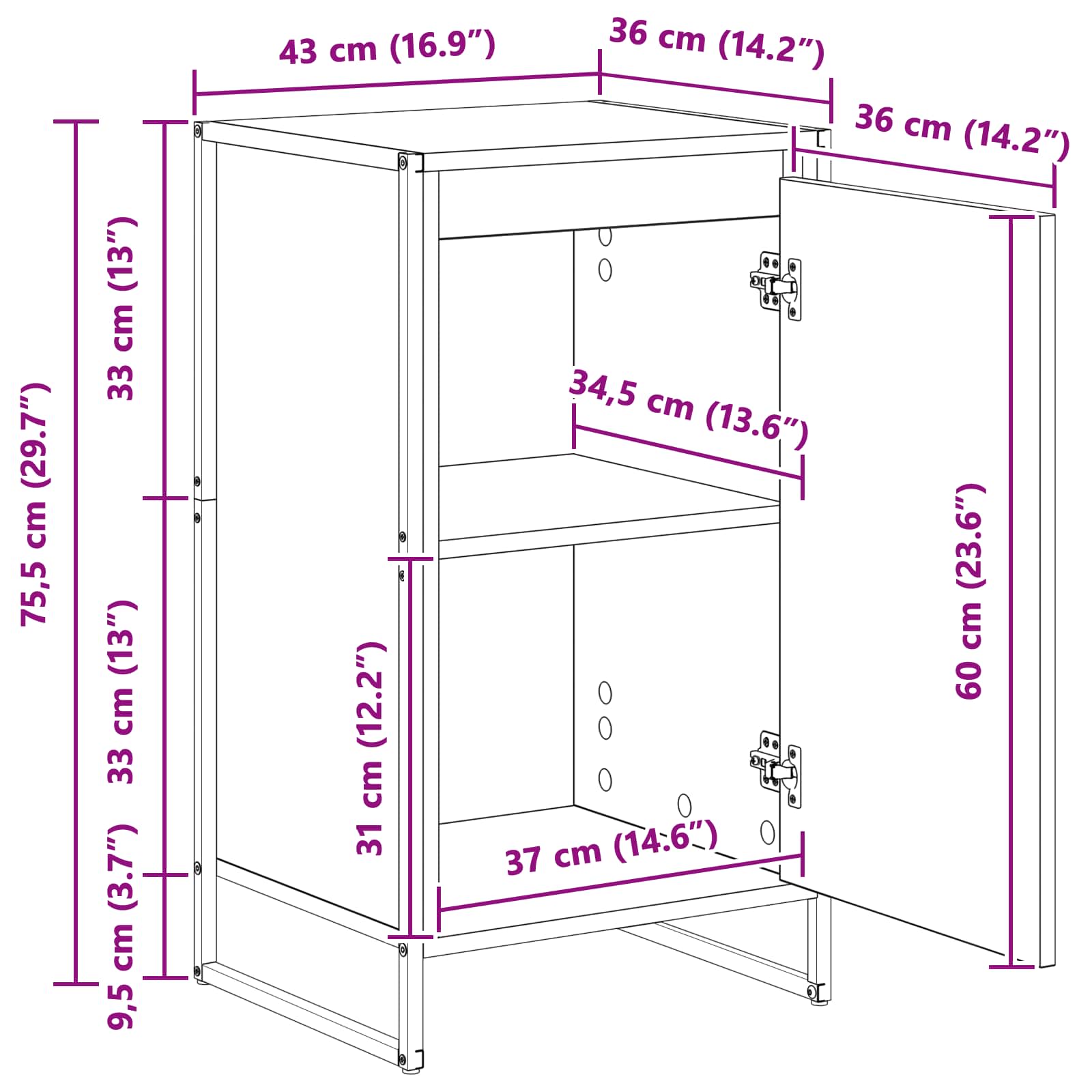 vidaXL Dressoir Zwart Eiken 43 x 36 x 75,5 cm Bewerkt hout
