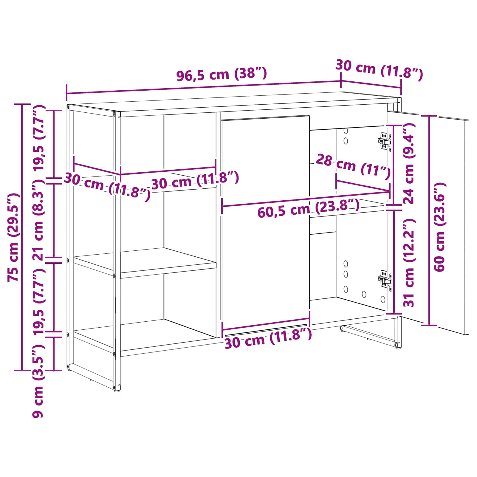 vidaXL Bijzetkast Zwart Eiken 96.5 x 30 x 75 cm Bewerkt hout