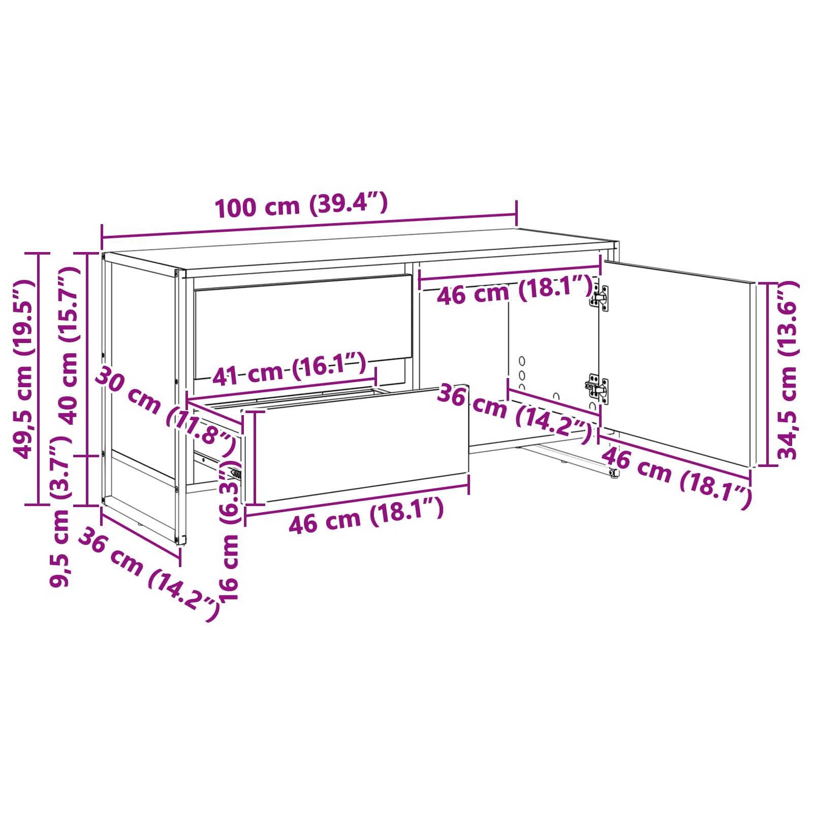 vidaXL TV-kast met lade Zwart Eiken 100 x 36 x 49.5 cm Bewerkt hout
