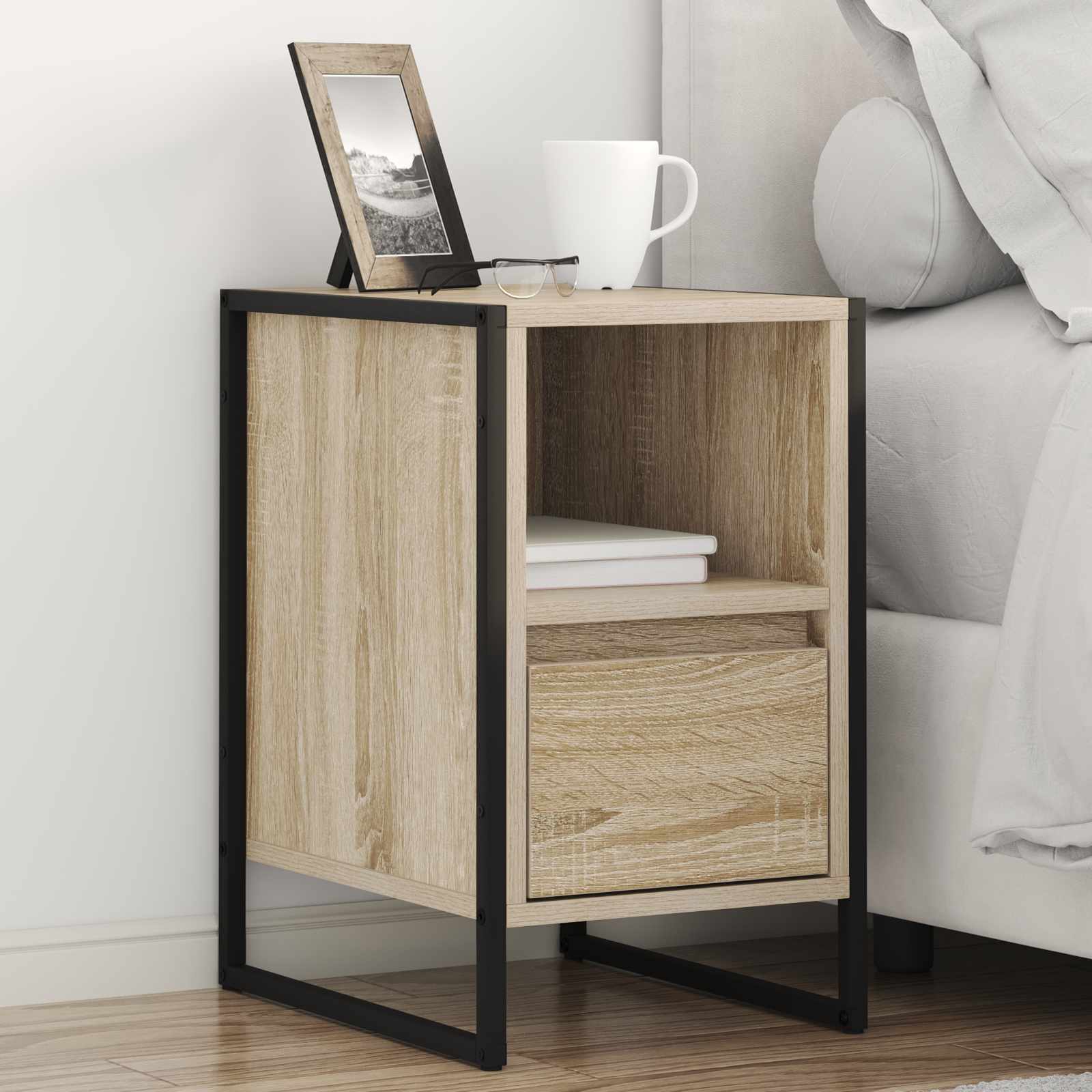 vidaXL Nachtkastje met lade Zwart Eiken 39,5 x 30 x 50 cm Bewerkt hout