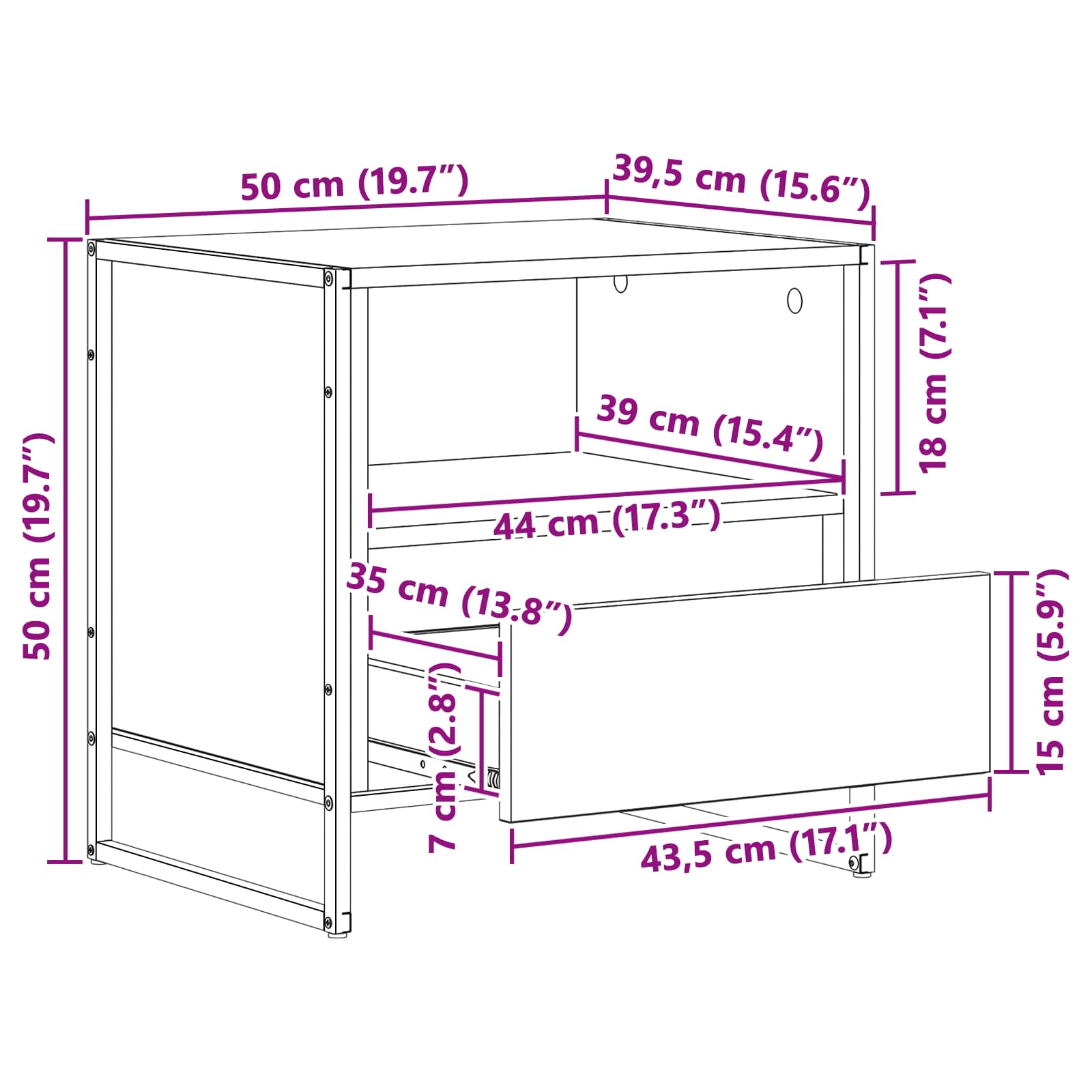 vidaXL Nachtkastje met lade Zwart Eiken 50 x 39,5 x 50 cm Bewerkt hout
