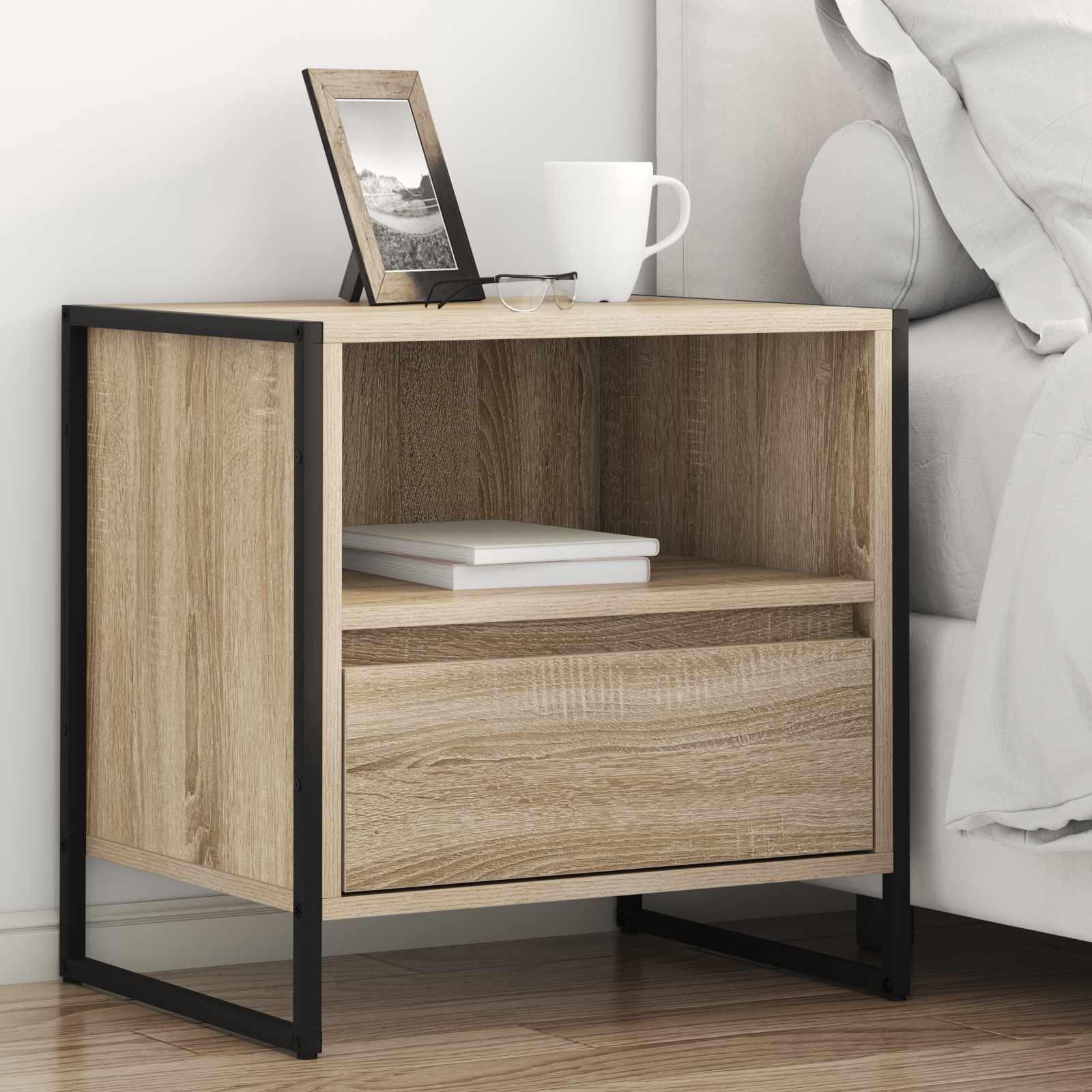 vidaXL Nachtkastje met lade Zwart Eiken 50 x 39,5 x 50 cm Bewerkt hout