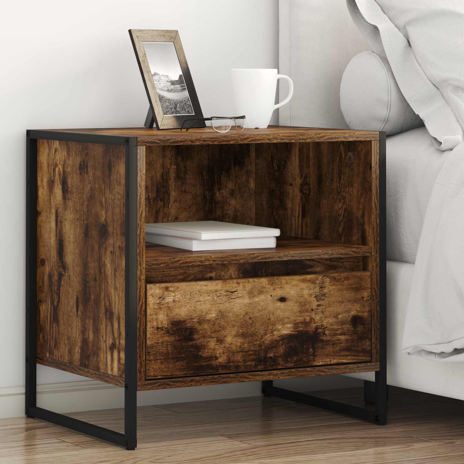 vidaXL Nachtkastje met lade Zwart Eiken 50 x 39,5 x 50 cm Bewerkt hout