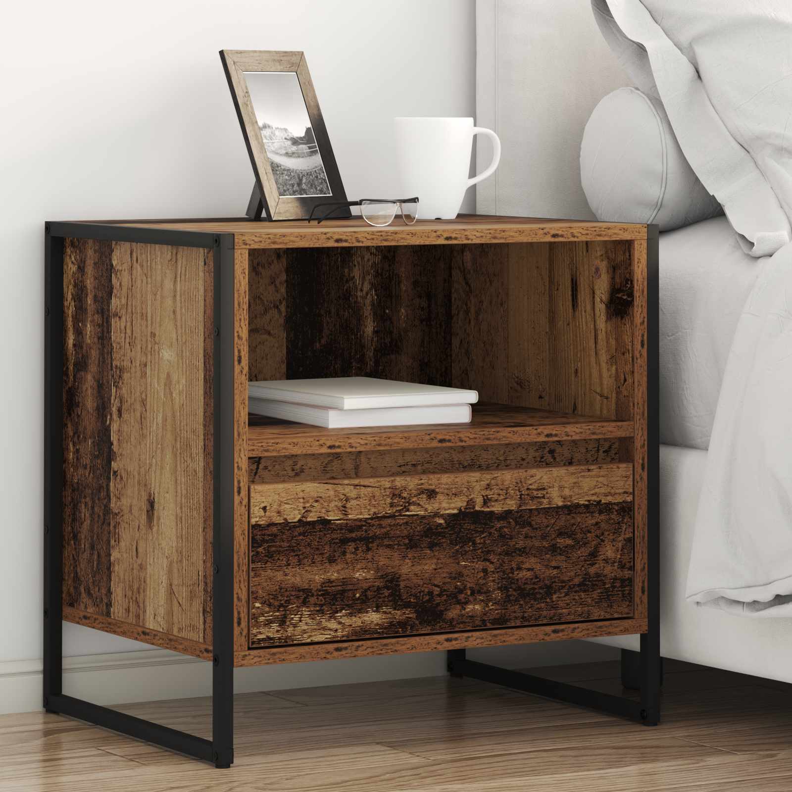 vidaXL Nachtkastje met lade Zwart Eiken 50 x 39,5 x 50 cm Bewerkt hout